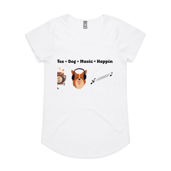 UNIQUE DESIGNS "COFFEE + DOG + MUSIC = HAPPINESS " - Womens Mali Tee Thumbnail